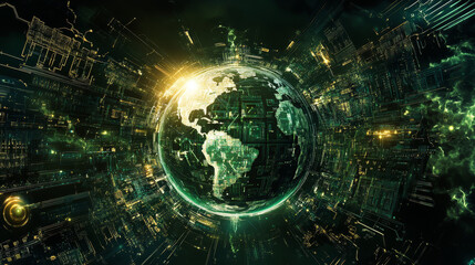 Poster - Futuristic CPU. Quantum processor in the global computer network. 3d illustration of digital cyberspace with HUD element