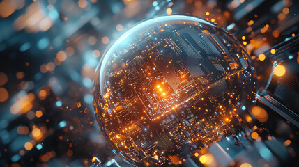 Poster - Futuristic CPU. Quantum processor in the global computer network. 3d illustration of digital cyberspace with HUD element