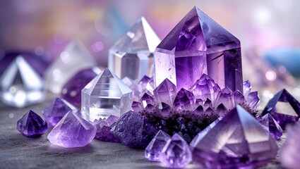 Poster - Collection of amethyst crystals arranged on a surface with soft lighting for a calming effect