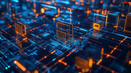 Poster - Digital neural network. Blockchain technology. 3d illustration of the information concept of future on a dark background