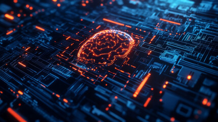 Poster - Futuristic computer panel, digital circuit and quantum processor concept. 3D illustration of high-tech nano elements of artificial intelligence