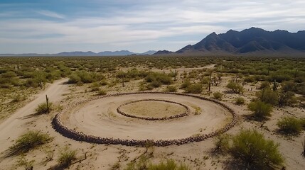 Poster - Aerial view of a remote desert landscape with a circular pattern in the sand potentially indicating the presence of subsurface water reserves detected through radar imaging technology