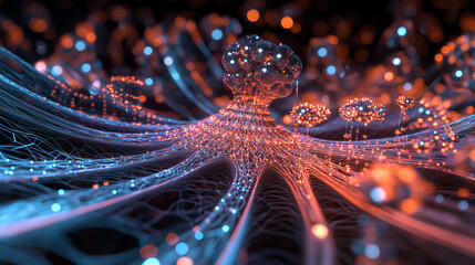 Poster - AI brain. Big data processing. Future processor. Quantum CPU in nanotech computer network. 3d illustration of digital cyberspace