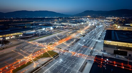 Leinwandbilder - Aerial view of the expansive runways terminals and traffic flow at a large metropolitan airport during the night