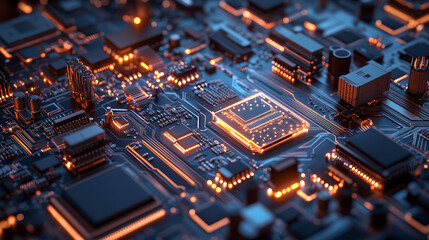 Poster - Futuristic circuit board. CPU 3D illustration. Motherboard digital chip. Hi-Tech science background. Artificial Intelligence and Quantum Technology