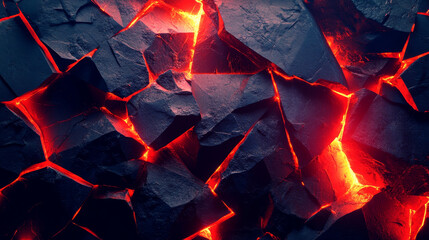 Poster - hexagonal, polygonal, chaotic, tech background. 3d illustration of cracks on surface. red-hot matter