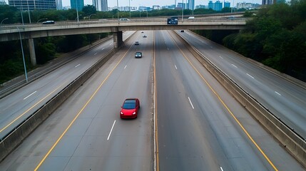 Leinwandbilder - An aerial view of a busy metropolitan highway cutting through the heart of the city with various vehicles seamlessly navigating the interconnected infrastructure