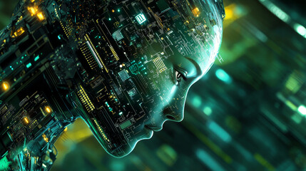 Poster - digital mind. work on the creation of artificial intelligence. wireless network technology. 3d illus