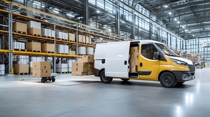 Poster - An autonomous cargo van maneuvering inside a large warehouse utilizing sensors to detect and navigate the loading docks for efficient package delivery and unloading