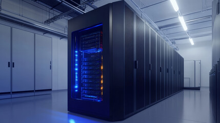 Poster - Futuristic Data center. Big Data analytics platform. Quantum processor in the global computer network. 3d illustration of digital cyberspace