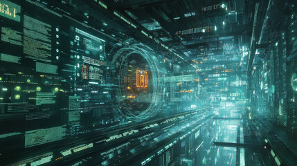 Poster - Protected data. Vortex data flow technology. Cyberpunk funnel 3D illustration. Information flow in abstract cyberspace. Big data and cybersecurity