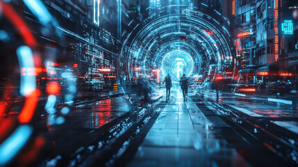 Poster - Protected data. Vortex data flow technology. Cyberpunk funnel 3D illustration. Information flow in abstract cyberspace. Big data and cybersecurity