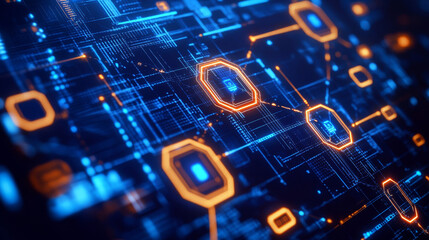Poster - cyberpunk. quantum computer. motherboard, processor, cpu, global network technology blockchain. digi
