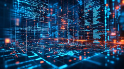 Poster - Digital waves. Data analysis. Binary code. Wavy Plane, Nodes and Points in Curved Space. Technological nanostructure. 3D illustration for business projects