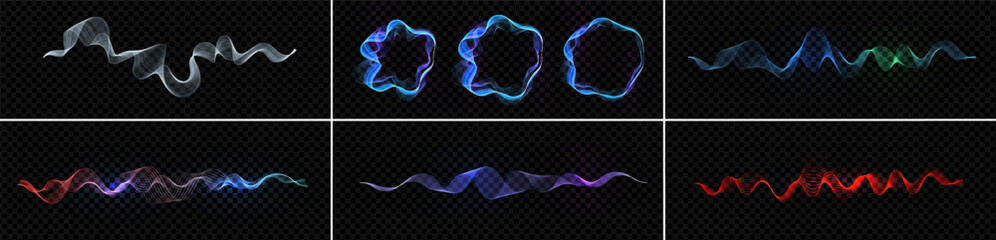 Poster - Smooth glowing wave in purple blue gradient, flowing with gentle transparency. Elegant light motion, futuristic stream visual. Music wave or digital signal style vector illustration
