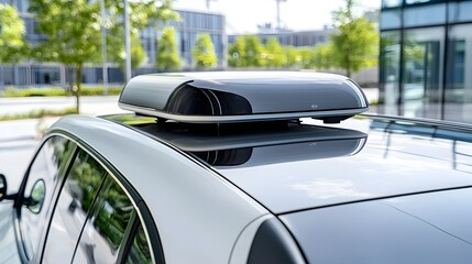 Poster - Close up view of a compact streamlined Lidar sensor module installed on the roof of a electric car showcasing advanced automotive technology and autonomous driving capabilities