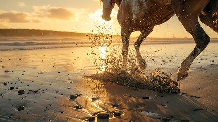 Poster - galloping horse on beach at sunset with water splashing