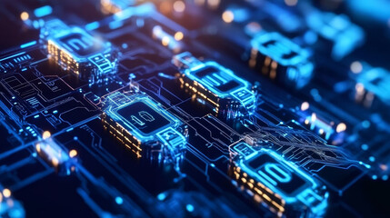 Poster - Blockchain, high-tech background and information clusters. Bigdata concept of digital cyberspace. Quantum processor architecture. 3D illustration of circuit