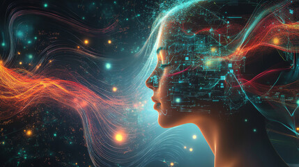 Poster - Information loop, encoded data, data stream 3D illustration. Linear waves in cyberspace. Electrical impulses in a neural network. Big data analytics. Hi-tech background