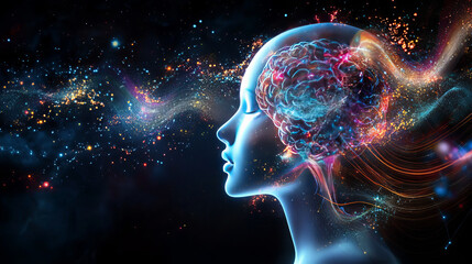 Poster - Information loop, encoded data, data stream 3D illustration. Linear waves in cyberspace. Electrical impulses in a neural network. Big data analytics. Hi-tech background