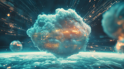 Poster - cyber network of planetary communication. orbital digital cloud of the global database. 3d illustrat