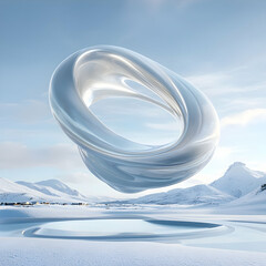 Poster - Silver Torus Sculpture Over Snowy Mountain Landscape