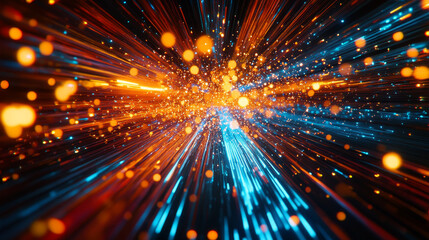 Poster - Quantum flow of information. Strings, beams of digital flow. CPU, processor and data loop. Tension, heat, work overload. Neon stream 3D illustration