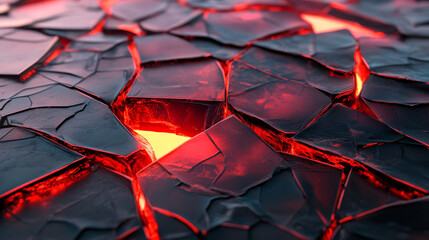 Poster - hexagonal, polygonal, chaotic, tech background. 3d illustration of cracks on surface. red-hot matter
