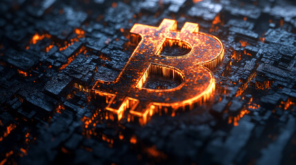 Poster - Bitcoin 3D illustration. Futuristic concept of mining cryptocurrency. Bright pixel symbol on a dark background