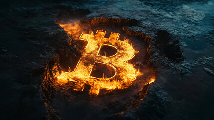 Poster - Bitcoin 3D illustration. Mining cryptocurrency. Futuristic concept of bright pixel symbol on a dark background
