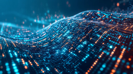 Poster - Binary code wave information. Data flow, stream and business analytics. Big data in global cyberspace. Block chain 3D illustration