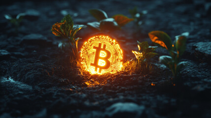 Poster - Bitcoin 3D illustration. Mining cryptocurrency. Futuristic concept of bright pixel symbol on a dark background