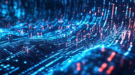 Poster - Binary code wave information. Data flow, stream and business analytics. Big data in global cyberspace. Block chain 3D illustration