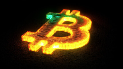 Poster - Bitcoin 3D illustration. Mining cryptocurrency. Futuristic concept of bright pixel symbol on a dark background