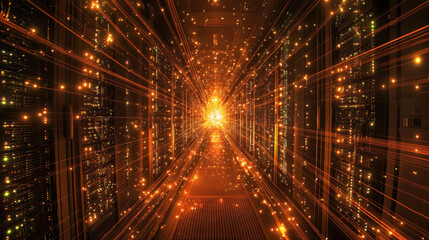Poster - Global information flows, big data analytics. Stream of digital beams flowing around the central processor. 3D illustration of a CPU in neon rays