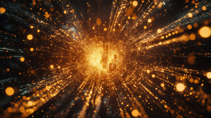 Poster - Global information flows, big data analytics. Stream of digital beams flowing around the central processor. 3D illustration of a CPU in neon rays