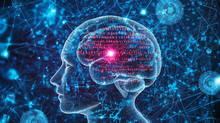Poster - Global network. Blockchain. Neural networks and artificial intelligence. 3D illustration abstract technological background with binary code elements