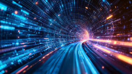Poster - Neon rays virtual flight. 3D illustration of computer code flowing inside cable. High-speed data transmission tunnel. Internet Gateway Data Flow