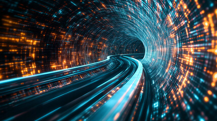 Poster - Neon rays virtual flight. 3D illustration of computer code flowing inside cable. High-speed data transmission tunnel. Internet Gateway Data Flow