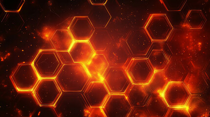 Poster - Futuristic background with flaming hexagons. Abstract concept of technology blockchain. 3D illustration