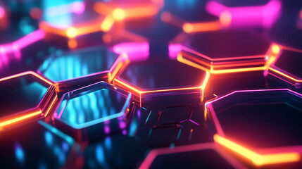 Poster - a field of hexagons in a futuristic 3d illustration. bright color and neon light of the heated edges