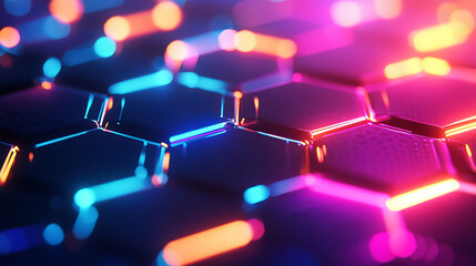 Poster - a field of hexagons in a futuristic 3d illustration. bright color and neon light of the heated edges