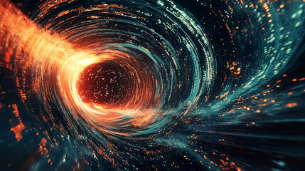 Poster - Cyber flow in digital databases. Big data analysis in high-tech business corporations. 3D illustration of vortex binary codes in virtual reality