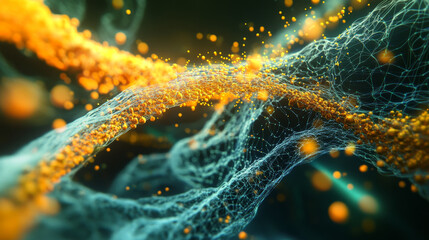 Poster - Cyber network, data flow, open source. 3D illustration of digital hi-tech particles