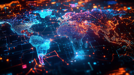 Poster - Abstract map of continents. Globalization and geopolitics in high-tech world of future. 3D illustration of communications and data exchange in a virtual network. Bright, juicy, neon colors