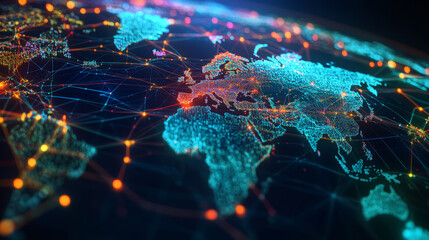Poster - Abstract map of continents. Globalization and geopolitics in high-tech world of future. 3D illustration of communications and data exchange in a virtual network. Bright, juicy, neon colors
