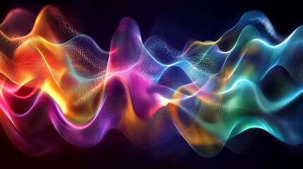 Poster - Cyberdata flow. Blockchain data fields. Cyberspace. Digital generation, electronic field, processed data waves, big data analytics. 3D illustration music waves