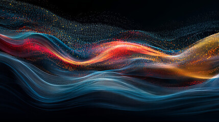Poster - Cyberdata flow. Blockchain data fields. Cyberspace. Digital generation, electronic field, processed data waves, big data analytics. 3D illustration music waves