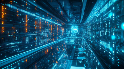 Poster - Futuristic mining farm. Big Data analytics platform. Quantum processor in the global computer network. 3d illustration of digital cyberspace