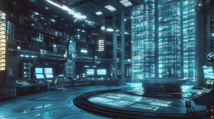 Poster - Futuristic mining farm. Big Data analytics platform. Quantum processor in the global computer network. 3d illustration of digital cyberspace